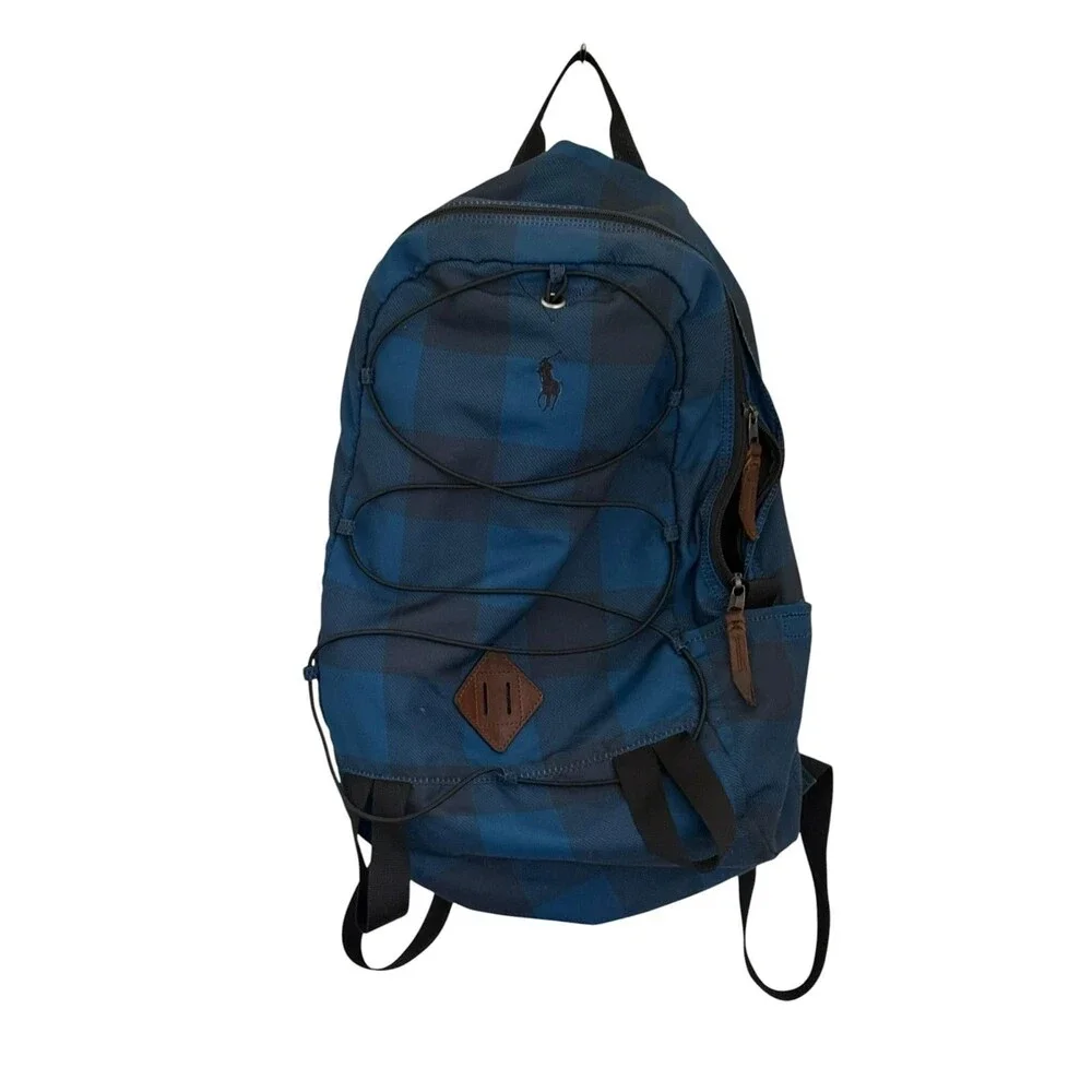 Polo Ralph Lauren Blue Plaid Backpack Bookbag Laptop School Travel Bag